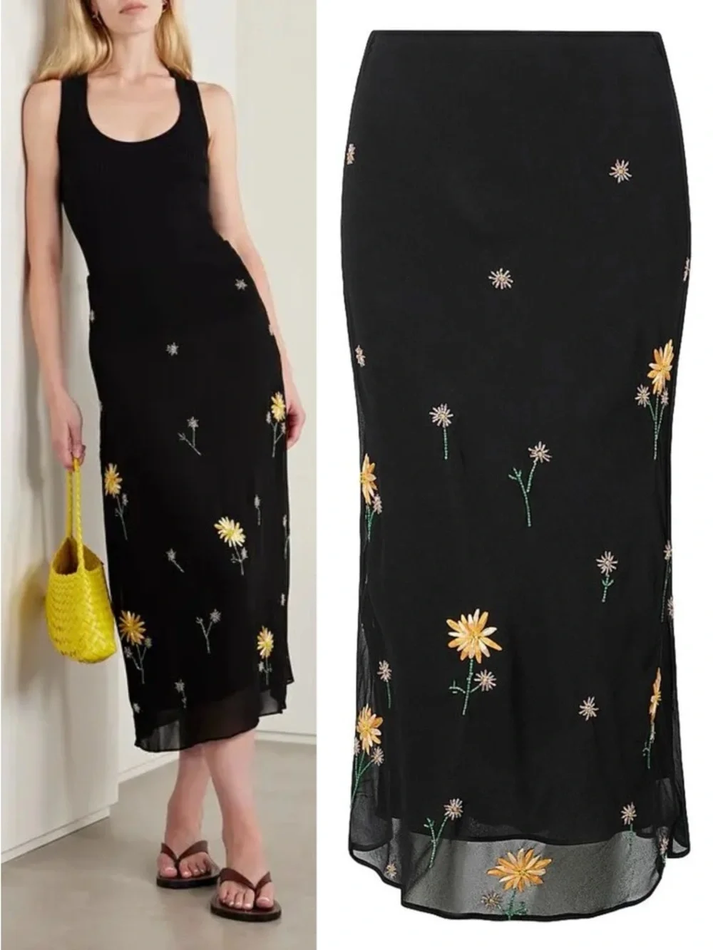STAUD Angela Floral-Embellished Midi-Skirt in Dahlia Daydream Black NWT
